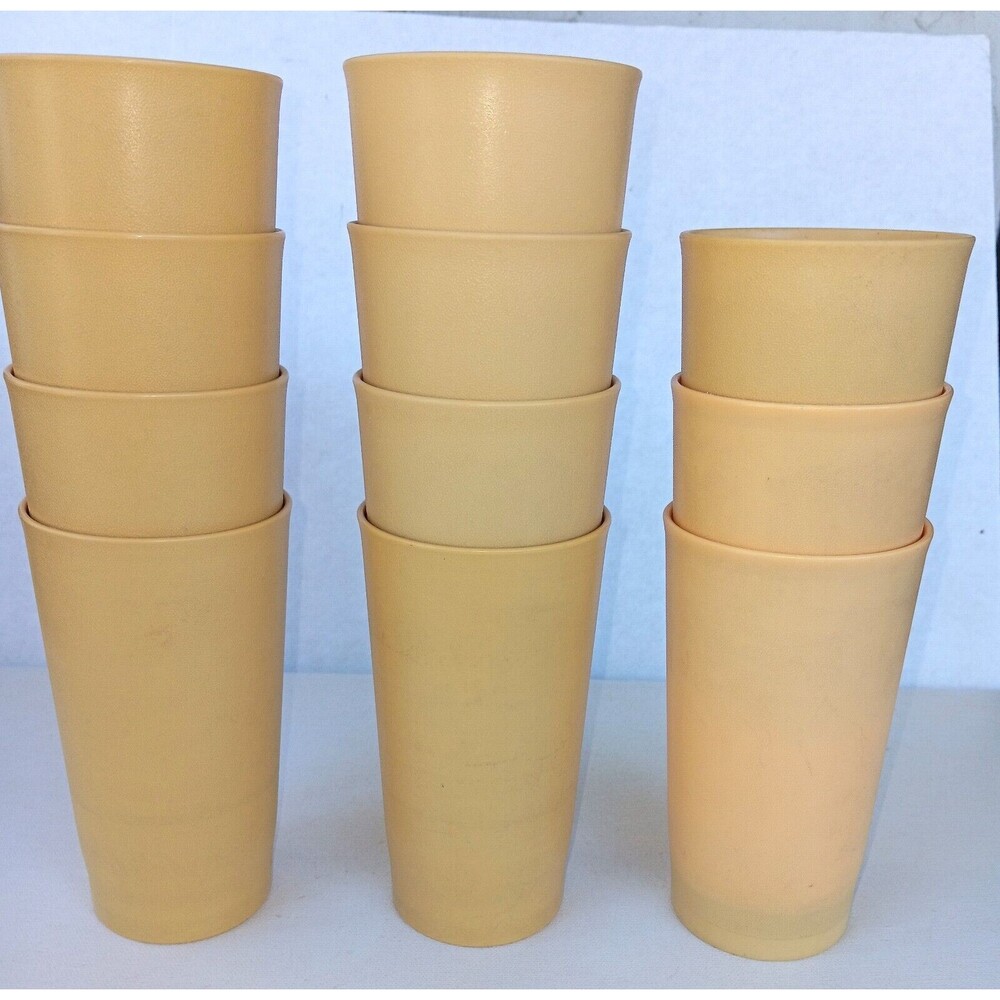 Lot of 11 Tupperware Yellow Gold Tumblers Glasses Cups 5 1/4" Tall 12 OZ